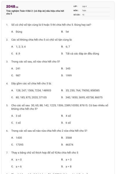 Trắc nghiệm Toán 4 Bài 2: (có đáp án) dấu hiệu chia hết cho 5