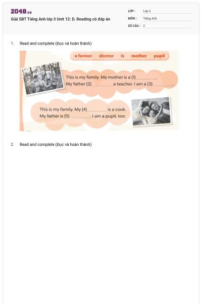 Giải SBT Tiếng Anh lớp 3 Unit 12: D. Reading có đáp án