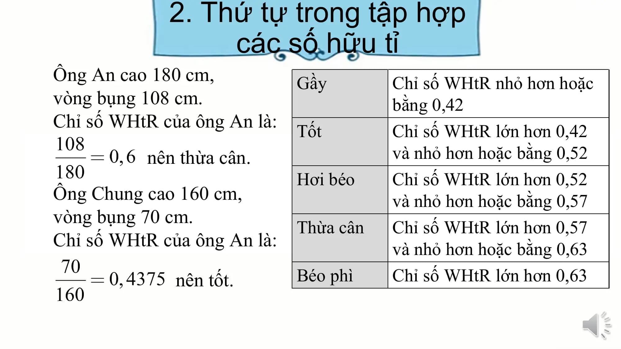 2. Thứ tự trong tập hợp
các số hữu tỉ
Ông An cao 180 cm, Gầy Chỉ số WHtR nhỏ hơn hoặc
vòng bụng 108 cm. bằng 0,42
Chỉ số WHtR của ông An là:
Tốt Chỉ số WHtR lớn hơn 0,42
nên thừa cân. và nhỏ hơn hoặc bằng 0,52
Hơi béo Chỉ số WHtR lớn hơn 0,52
Ông Chung cao 160 cm, và nhỏ hơn hoặc bằng 0,57
vòng bụng 70 cm.
Thừa cân Chỉ số WHtR lớn hơn 0,57
Chỉ số WHtR của ông An là: và nhỏ hơn hoặc bằng 0,63
nên tốt. Béo phì Chỉ số WHtR lớn hơn 0,63