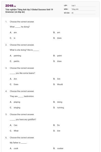 Trắc nghiệm Tiếng Anh lớp 3 Global Success Unit 19 Grammar (có đáp án)