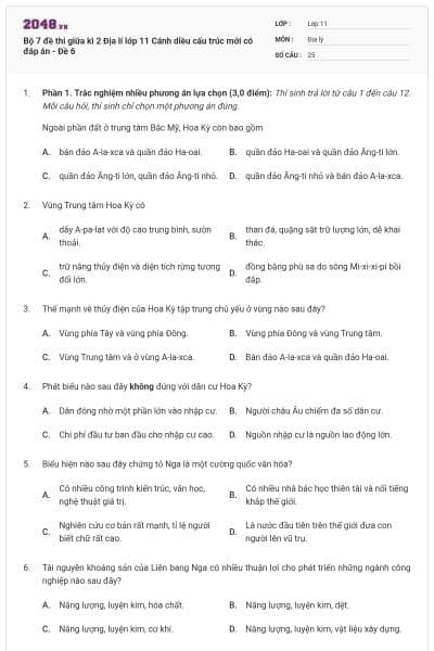 Bộ 7 đề thi giữa kì 2 Địa lí lớp 11 Cánh diều cấu trúc mới có đáp án - Đề 6