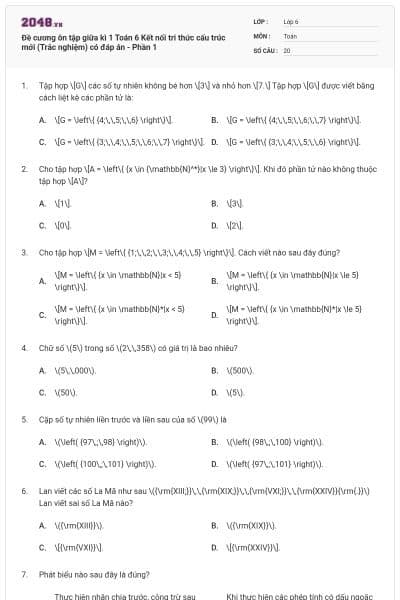 Đề cương ôn tập giữa kì 1 Toán 6 Kết nối tri thức cấu trúc mới (Trắc nghiệm) có đáp án - Phần 1