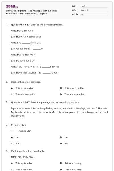 20 câu trắc nghiệm Tiếng Anh lớp 3 Unit 2. Family - Grammar - iLearn smart start có đáp án