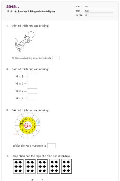 12 bài tập Toán lớp 3: Bảng nhân 6 có đáp án