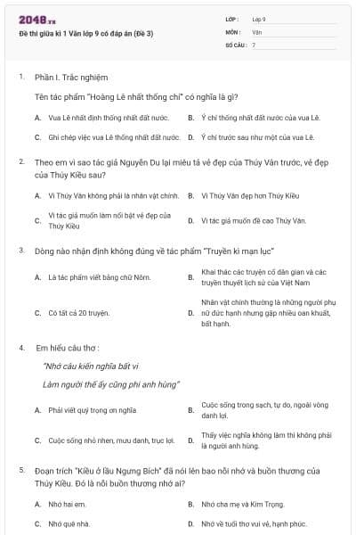 Đề thi giữa kì 1 Văn lớp 9 có đáp án (Đề 3)