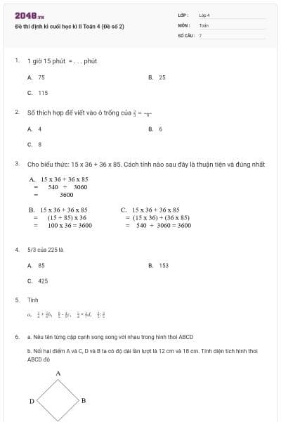 Đề thi định kì cuối học kì II Toán 4 (Đề số 2)