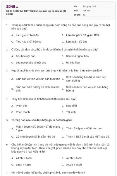 30 Bộ đề thi thử THPTQG Sinh học cực hay có lời giải (Đề số 26)