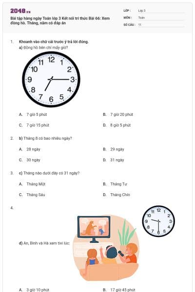 Bài tập hàng ngày Toán lớp 3 Kết nối tri thức Bài 66: Xem đồng hồ. Tháng, năm có đáp án