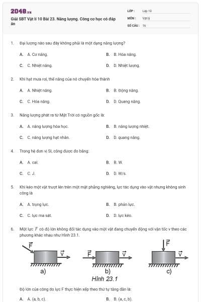 Giải SBT Vật lí 10 Bài 23. Năng lượng. Công cơ học có đáp án