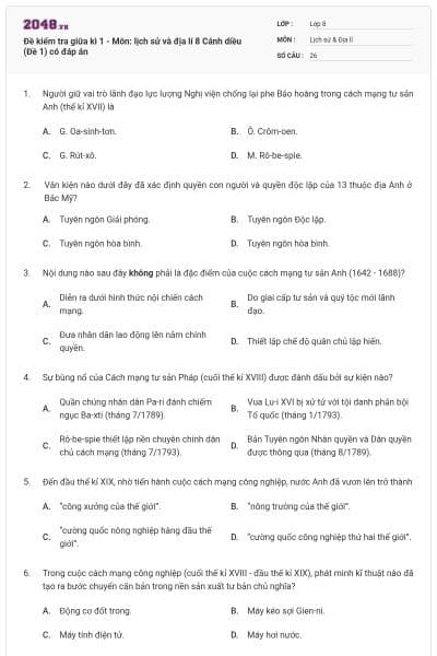 Đề kiểm tra giữa kì 1 - Môn: lịch sử và địa lí 8 Cánh diều (Đề 1) có đáp án