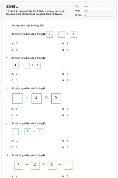 15 câu trắc nghiệm Toán lớp 1 Chân trời sáng tạo Luyện tập chung (So sánh kết quả của phép tính) có đáp án