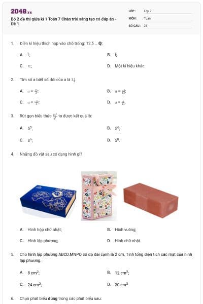 Bộ 2 đề thi giữa kì 1 Toán 7 Chân trời sáng tạo có đáp án - Đề 1