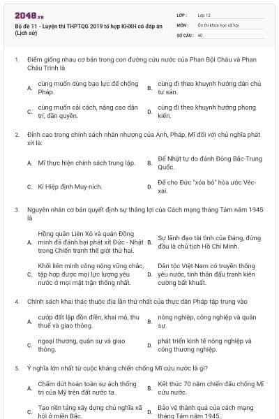 Bộ đề 11 - Luyện thi THPTQG 2019 tổ hợp KHXH có đáp án (Lịch sử)