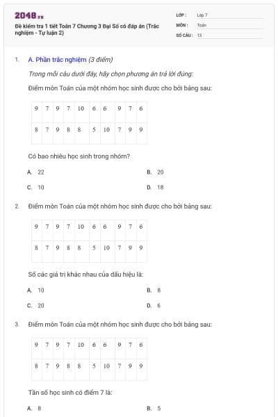 Đề kiểm tra 1 tiết Toán 7 Chương 3 Đại Số có đáp án (Trắc nghiệm - Tự luận 2)