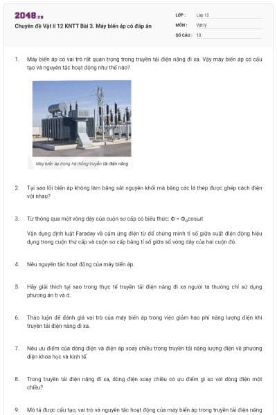 Chuyên đề Vật lí 12 KNTT Bài 3. Máy biến áp có đáp án