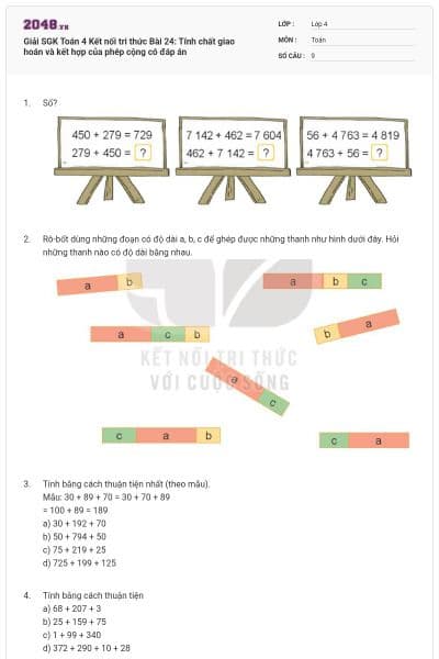 Giải SGK Toán 4 Kết nối tri thức Bài 24: Tính chất giao hoán và kết hợp của phép cộng có đáp án
