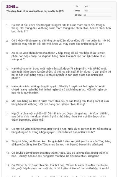 Tổng hợp Toán có lời văn lớp 3 cực hay có đáp án (P2)
