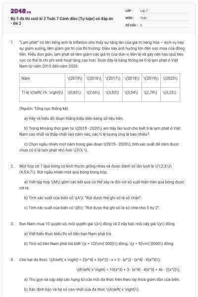 Bộ 5 đề thi cuối kì 2 Toán 7 Cánh diều (Tự luận) có đáp án - Đề 2