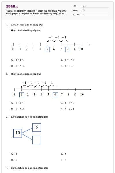 15 câu trắc nghiệm Toán lớp 1 Chân trời sáng tạo Phép trừ trong phạm vi 10 (tách ra, bớt đi còn lại bằng mấy) có đáp án