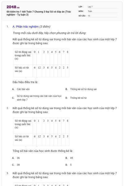 Đề kiểm tra 1 tiết Toán 7 Chương 3 Đại Số có đáp án (Trắc nghiệm - Tự luận 3)