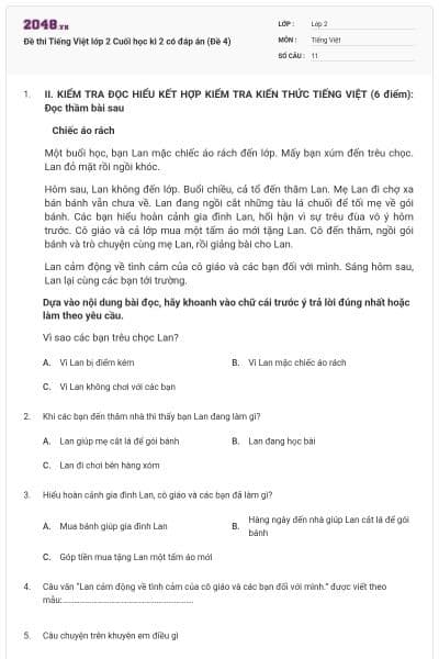 Đề thi Tiếng Việt lớp 2 Cuối học kì 2 có đáp án (Đề 4)