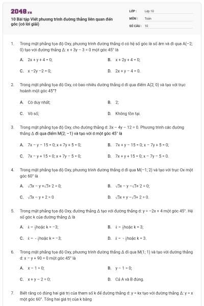 10 Bài tập Viết phương trình đường thẳng liên quan đến góc (có lời giải)