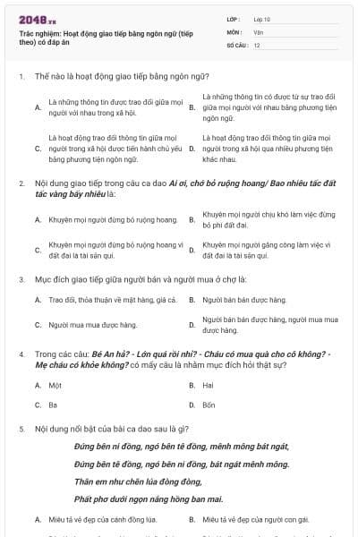Trắc nghiệm: Hoạt động giao tiếp bằng ngôn ngữ (tiếp theo) có đáp án