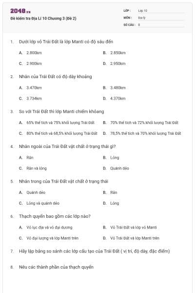 Đề kiểm tra Địa Lí 10 Chương 3 (Đề 2)
