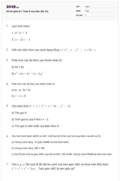 Đề thi giữa kì 1 Toán 8 sưu tầm (Đề 16)