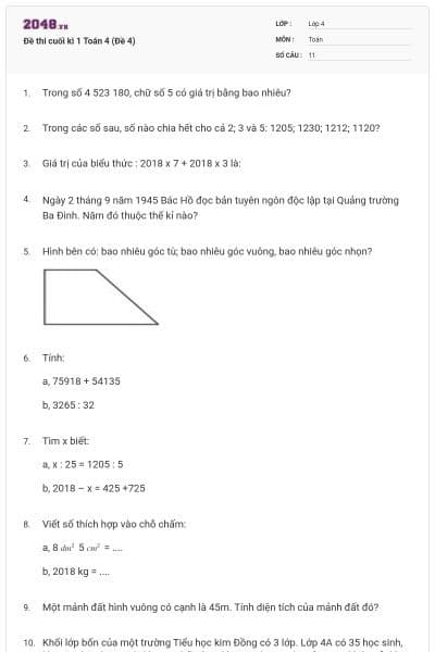 Đề thi cuối kì 1 Toán 4 (Đề 4)