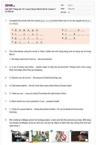 Giải SBT Tiếng anh 10 I-Learn Smart Word Unit 8. Lesson 1 có đáp án