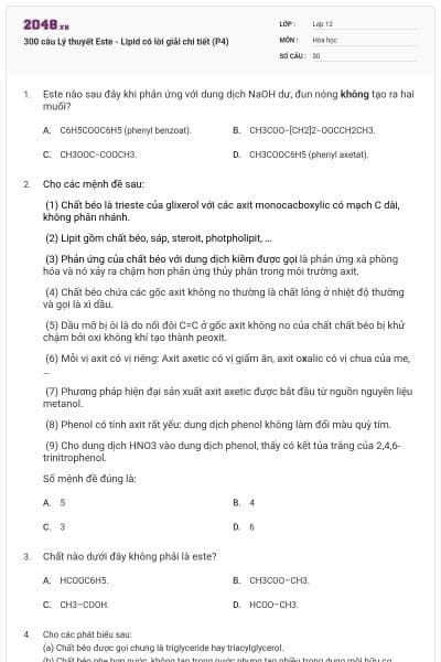 300 câu Lý thuyết Este - Lipid có lời giải chi tiết (P4)