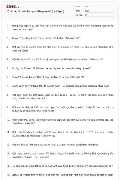 20 bài tập Bài toán liên quan đến phép trừ (có lời giải)