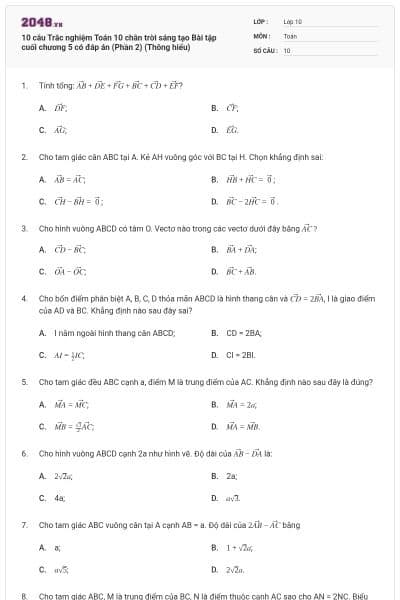 10 câu Trắc nghiệm Toán 10 chân trời sáng tạo Bài tập cuối chương 5 có đáp án (Phần 2) (Thông hiểu)