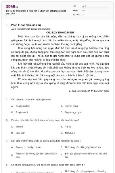 Bộ 10 đề thi giữa kì 1 Ngữ văn 7 Chân trời sáng tạo có đáp án - Đề 4