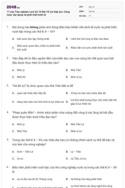 17 câu Trắc nghiệm Lịch Sử 10 Bài 18 (có đáp án): Công cuộc xây dựng và phát triển kinh tế