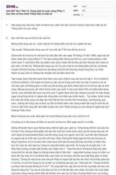 Giải SBT Văn 7 Bài 10. Trang sách và cuộc sống (Phần 1: Đọc hiểu và thực hành Tiếng Việt) có đáp án