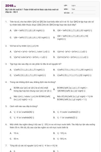 Bộ 5 đề thi cuối kì 1 Toán 6 Kết nối tri thức cấu trúc mới có đáp án - Đề 4
