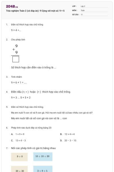 Trắc nghiệm Toán 2 (có đáp án): 9 Cộng với một số: 9 + 5