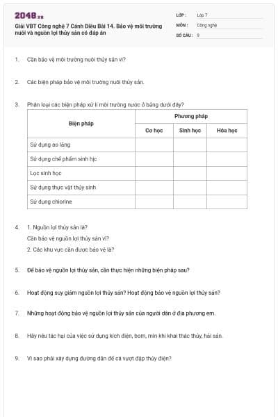 Giải VBT Công nghệ 7 Cánh Diều Bài 14. Bảo vệ môi trường nuôi và nguồn lợi thủy sản có đáp án