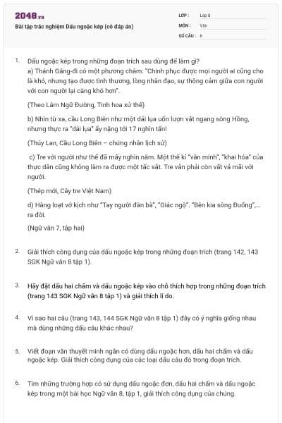 Bài tập trắc nghiệm Dấu ngoặc kép (có đáp án)