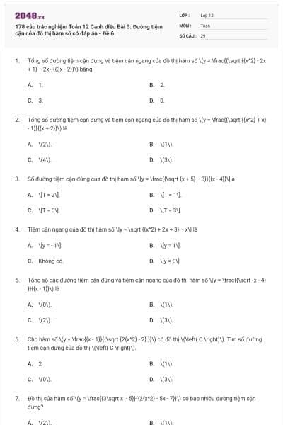 178 câu trắc nghiệm Toán 12 Canh diều Bài 3: Đường tiệm cận của đồ thị hàm số có đáp án - Đề 6