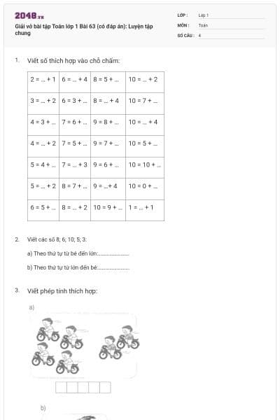 Giải vở bài tập Toán lớp 1 Bài 63 (có đáp án): Luyện tập chung
