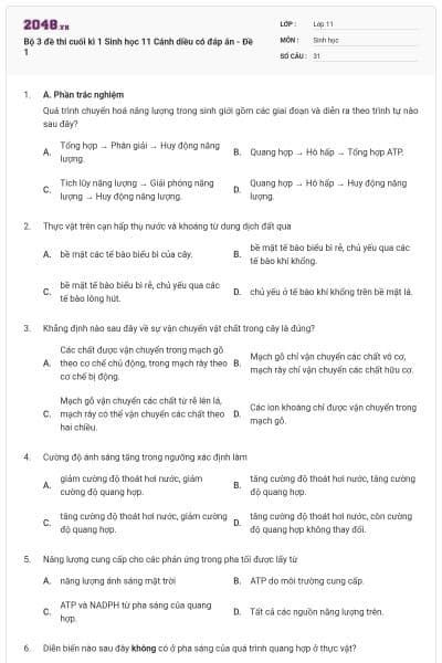 Bộ 3 đề thi cuối kì 1 Sinh học 11 Cánh diều có đáp án - Đề 1
