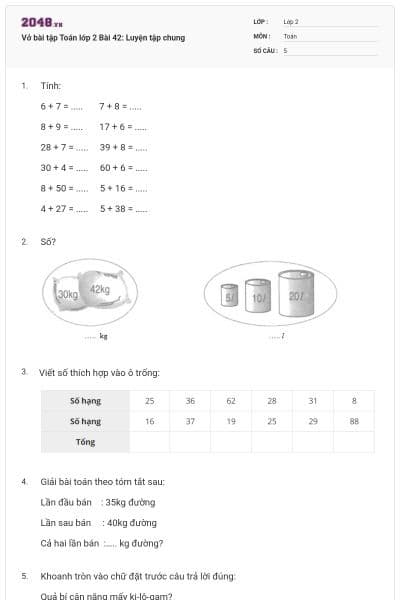 Vở bài tập Toán lớp 2 Bài 42: Luyện tập chung