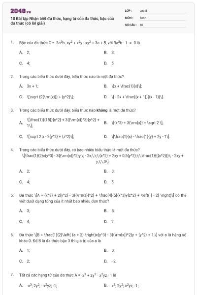 10 Bài tập Nhận biết đa thức, hạng tử của đa thức, bậc của đa thức (có lời giải)