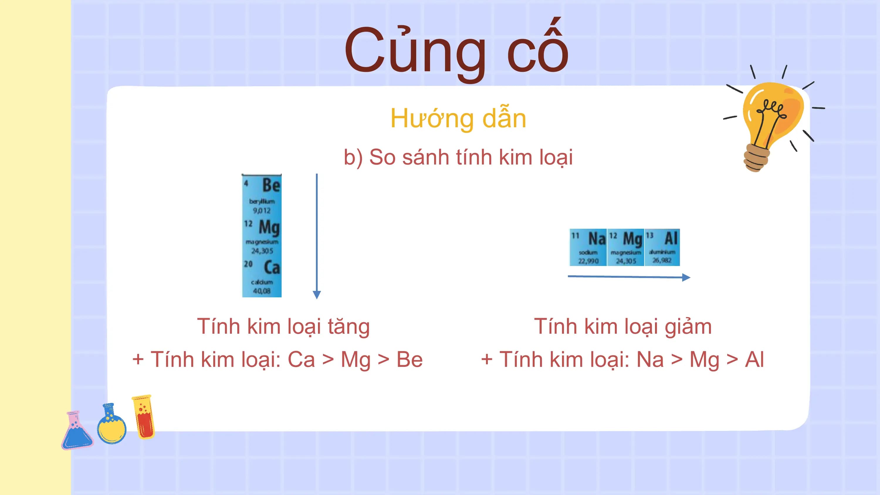 Củng cố
Hướng dẫn
b) So sánh tính kim loại
Tính kim loại tăng Tính kim loại giảm
+ Tính kim loại: Ca > Mg > Be + Tính kim loại: Na > Mg > Al