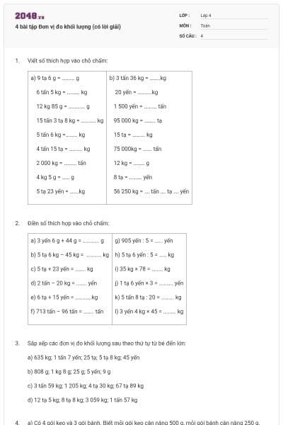4 bài tập Đơn vị đo khối lượng (có lời giải)