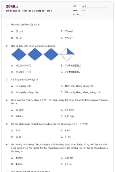 Đề thi giữa kì 1 Toán lớp 5 (có đáp án) - Đề 1