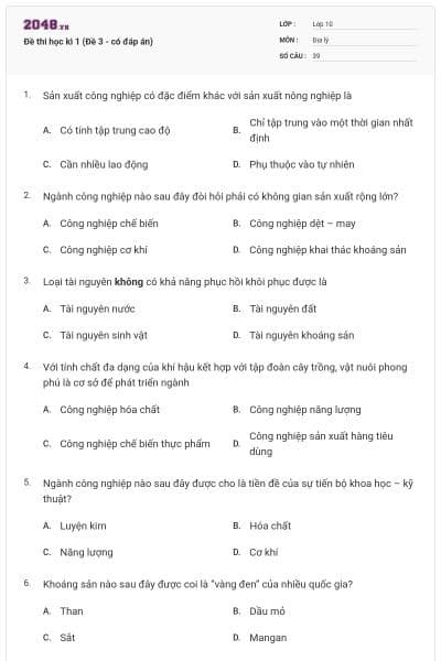Đề thi học kì 1 (Đề 3 - có đáp án)